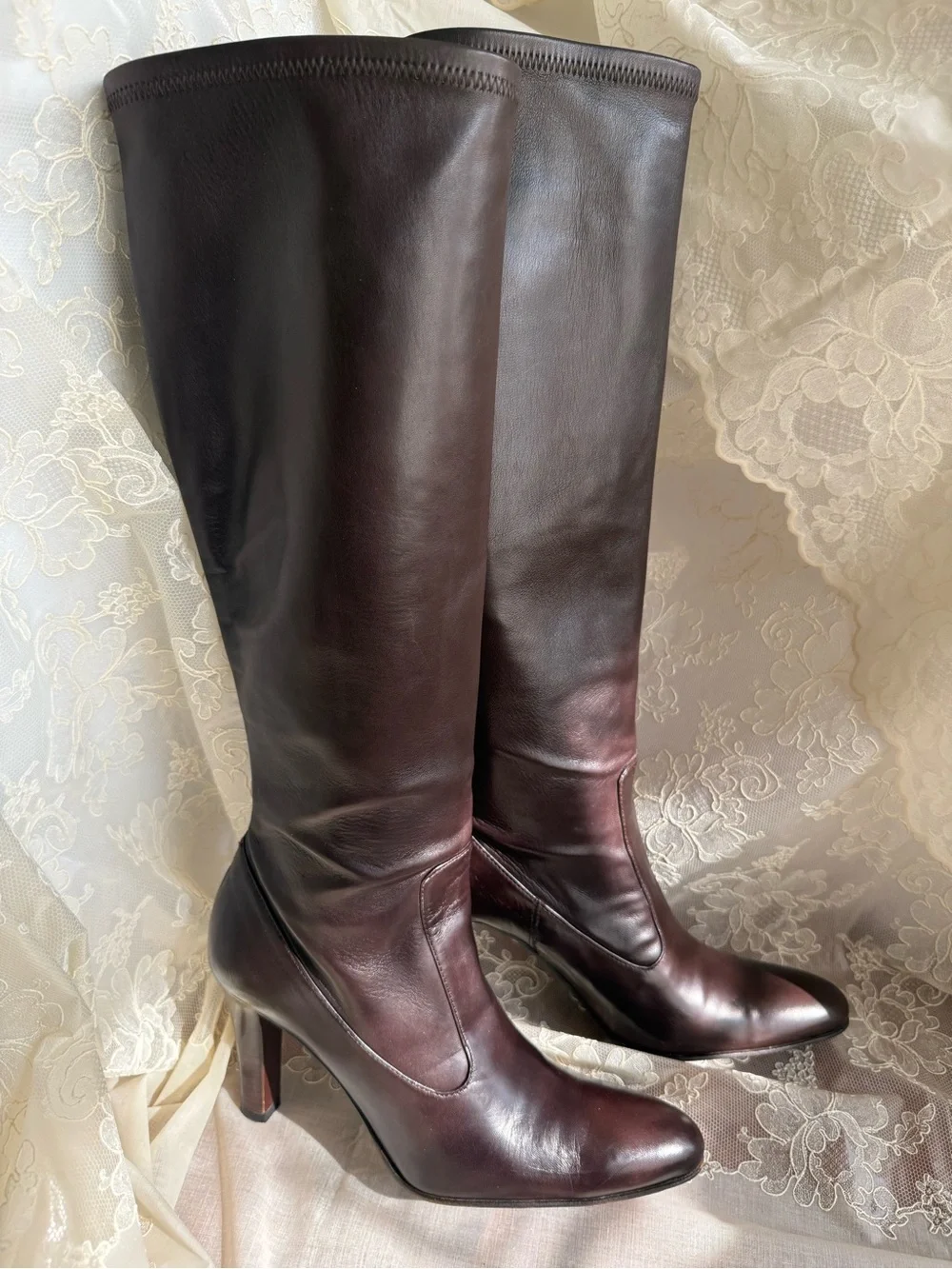 Cole Haan Dark Brown Leather Knee Heeled Boots with Stretch Panel At Calf
